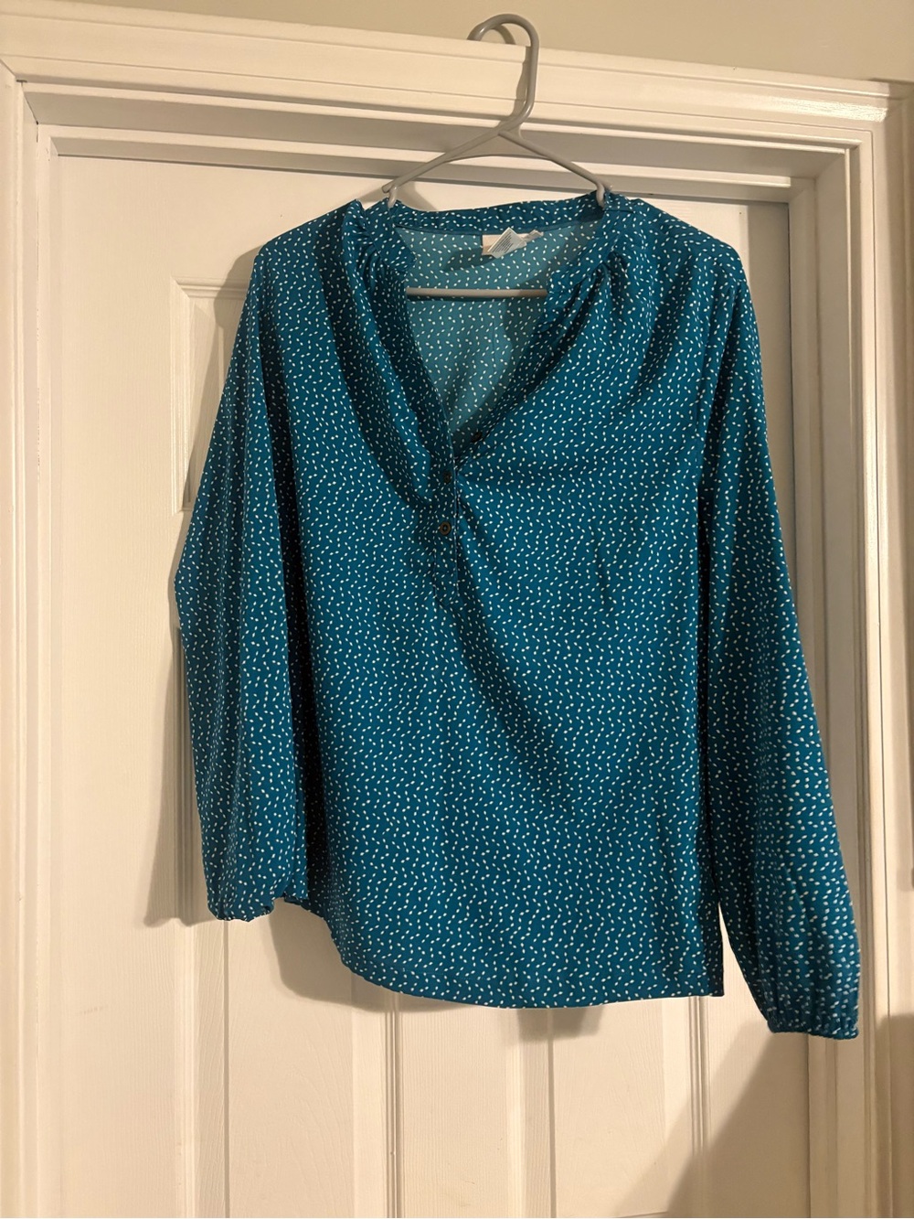 Classic Teal Dot V-Neck Long Sleeve Blouse